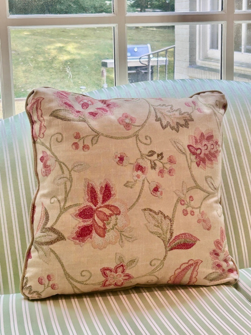 Floral Pink Embroidered Decorative Throw Accent Pillow Woven Cloth on Yellow 20”